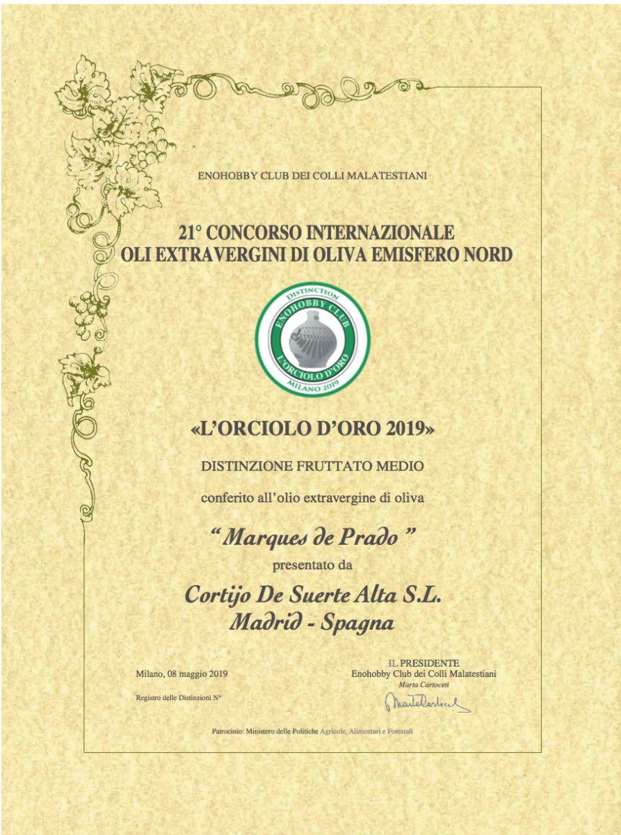 Marqués de Prado premiado en L´Orciolo d´Oro 2019.